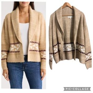 Lucky Brand Women's Beige Southwestern Aztec Shawl Collar Cardigan Size L